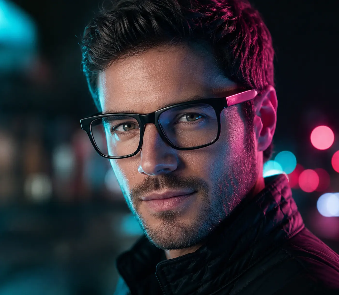 Man in black rectangle prescription glasses at night