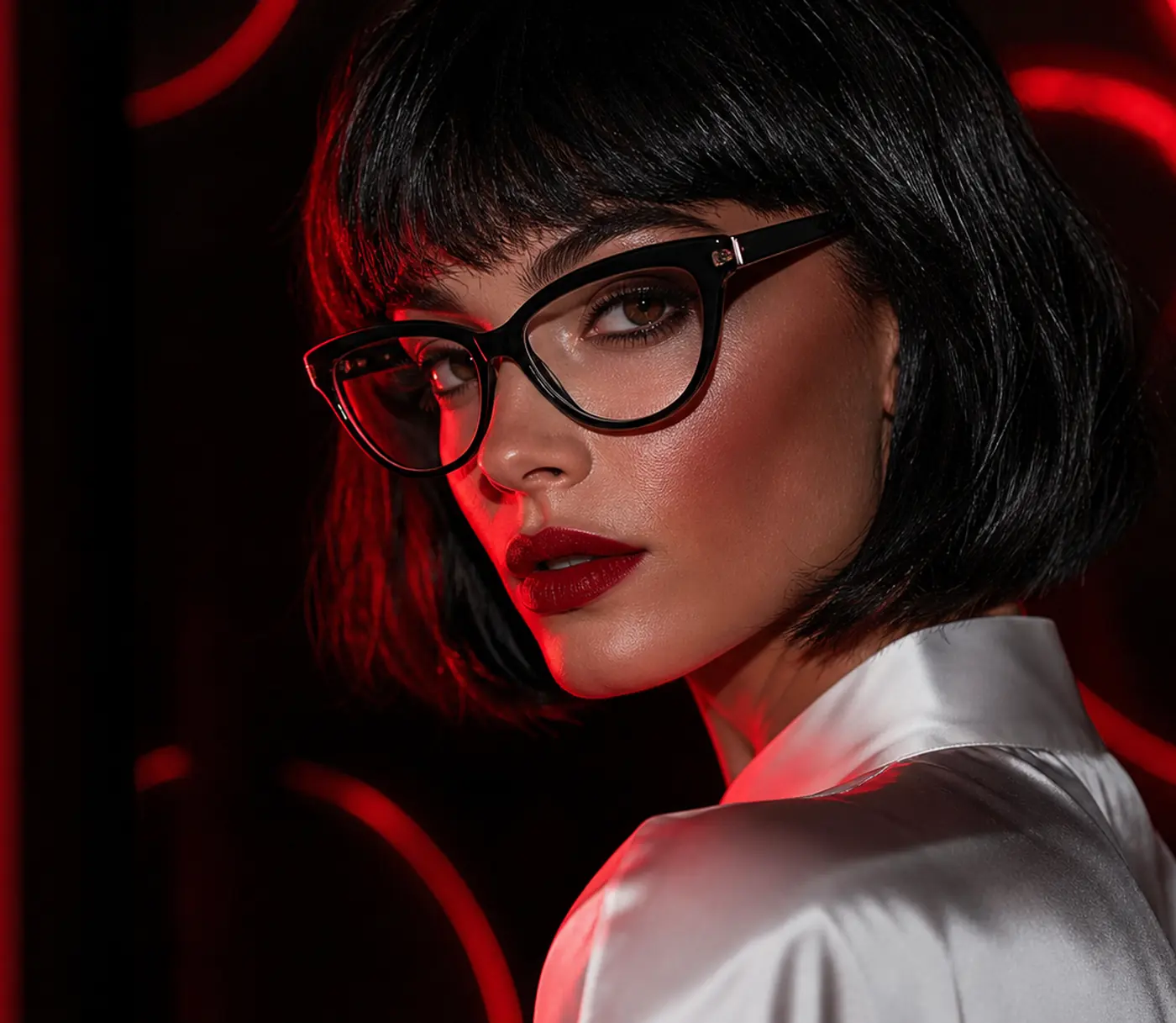 Woman in black cat-eye prescription glasses