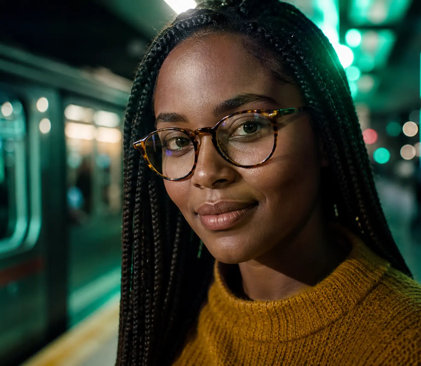 Woman with braids in tortoise round eyeglasses